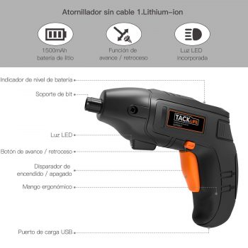 Atornillador Electrico TACKLIFE SDP60DC, Destornillador Bateria de Litio 1500mAh con Luz de LED, 10 PCS Gratis, 3.6V Carga MINI USB, Para el Montaje de Muebles y Encuadernación Mural1