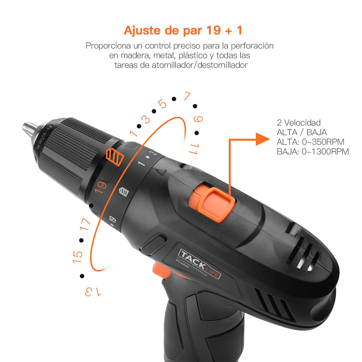 Taladro Atornillador TACKLIFE 12V, Bateria de Litio Lon(2.0Ah), 2 Velocidades Ajustable, 19+1 Ajuste de Par, 25N.m Par de Giro Máximo, 10mm Portabrocas Automatico, Voltaje Ancho PCD02C3 Taladro Atornillador TACKLIFE 12V, Bateria de Litio Lon(2.0Ah), 2 Velocidades Ajustable, 19+1 Ajuste de Par, 25N.m Par de Giro Máximo, 10mm Portabrocas Automatico, Voltaje Ancho