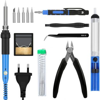 13pcs Soldador estaño 60w,Kit de Soldador electrico Puntas Soldador,Destornilladores Pluma, Puntas para cautín, Bombas de Soldadura, alicates de Cortador, Pinzas, Soporte