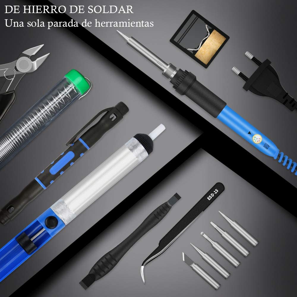 13pcs Soldador estaño 60w,Kit de Soldador electrico Puntas Soldador,Destornilladores Pluma, Puntas para cautín, Bombas de Soldadura, alicates de Cortador, Pinzas, Soporte