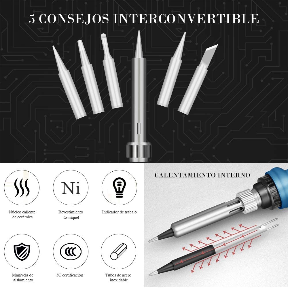 13pcs Soldador estaño 60w,Kit de Soldador electrico Puntas Soldador,Destornilladores Pluma, Puntas para cautín, Bombas de Soldadura, alicates de Cortador, Pinzas, Soporte